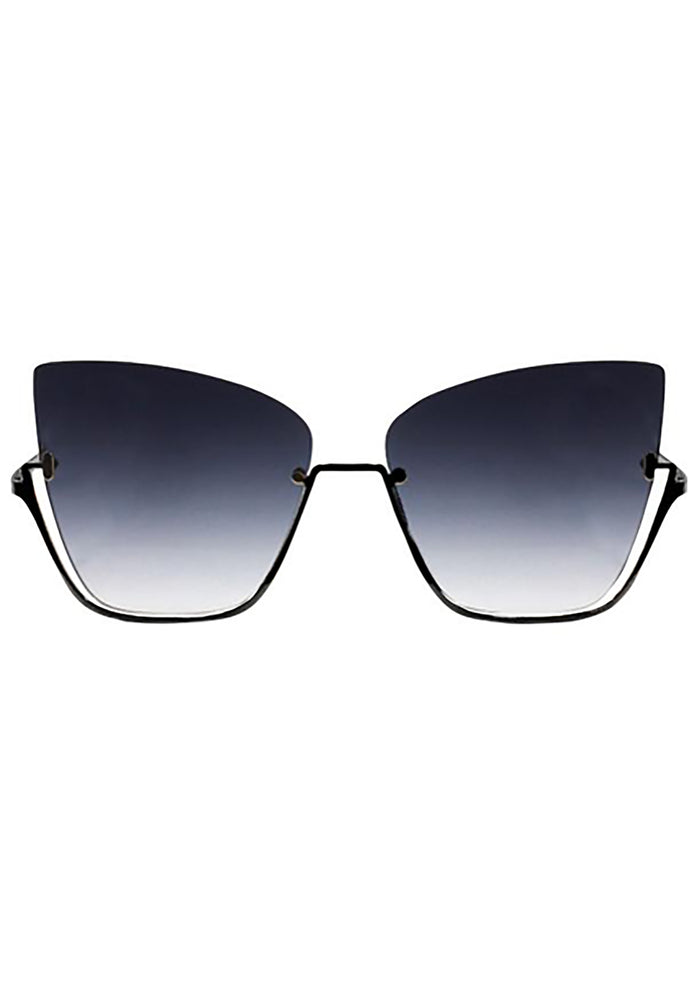 TopFoxx X Raya Vixen Sunglasses in black fade with half lens frame on festival sunglasses — front view