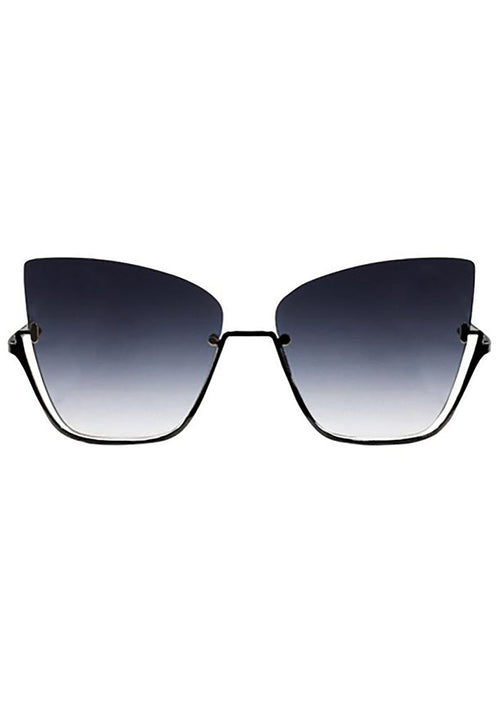 TopFoxx X Raya Vixen Sunglasses in black fade with half lens frame on festival sunglasses — front view