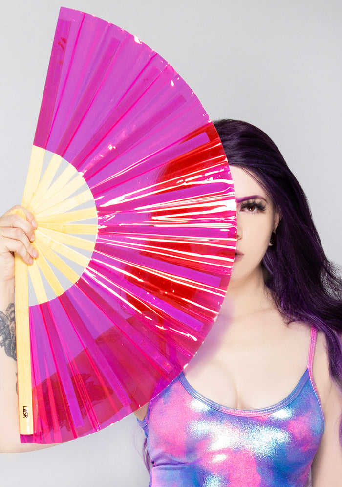 LASR XXXtreme Pink Iridescent Fluid Rave Fan — front view